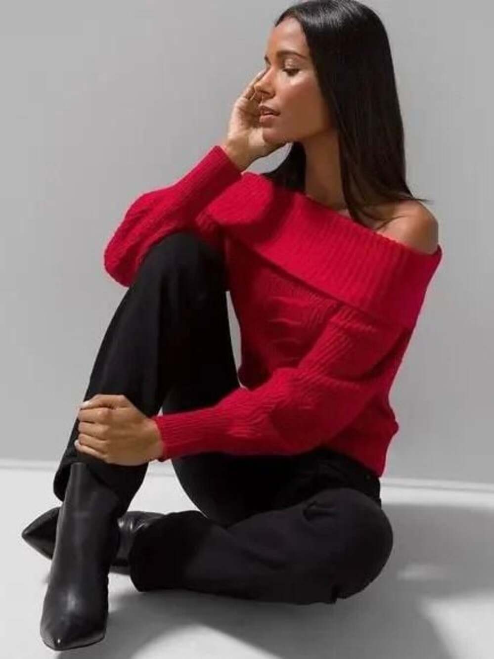 White House Black Market Off-The-Shoulder Puff Sleeve Sweater Red Large